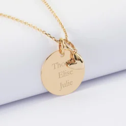 Best HappyBulle Pendentif personnalisé médaille gravée plaqué or 19 mm et breloque petit coeur bombé 7 mm - x Atelier Wagram Plaqué or 18k