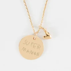 Best HappyBulle Pendentif personnalisé médaille gravée plaqué or 19 mm et breloque petit coeur bombé 7 mm - x Atelier Wagram Plaqué or 18k