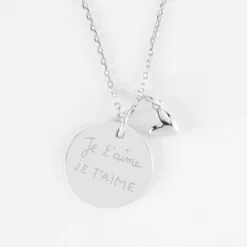 HappyBulle Pendentif personnalisé médaille gravée argent 19 mm et breloque petit coeur bombé 7 mm - x Atelier Wagram Argent rhodié 925
