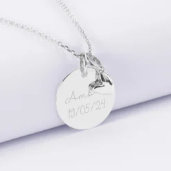 HappyBulle Pendentif personnalisé médaille gravée argent 19 mm et breloque petit coeur bombé 7 mm - x Atelier Wagram Argent rhodié 925