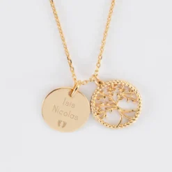 Sale HappyBulle Pendentif personnalisé médaille gravée plaqué or 15 mm et breloque arbre de vie contour torsadé 16 mm Plaqué or 18k