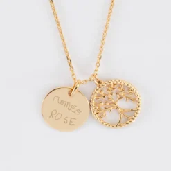 Sale HappyBulle Pendentif personnalisé médaille gravée plaqué or 15 mm et breloque arbre de vie contour torsadé 16 mm Plaqué or 18k