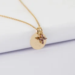 Discount HappyBulle Pendentif personnalisé médaille gravée plaqué or 15 mm et breloque fleur pétales zircons 10 mm