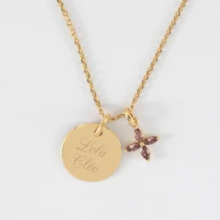 Discount HappyBulle Pendentif personnalisé médaille gravée plaqué or 15 mm et breloque fleur pétales zircons 10 mm