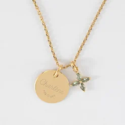 Discount HappyBulle Pendentif personnalisé médaille gravée plaqué or 15 mm et breloque fleur pétales zircons 10 mm
