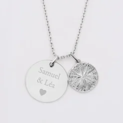 Best HappyBulle Pendentif personnalisé médaille gravée argent 19 mm et breloque rose des vents texturée 14 mm Argent rhodié 925