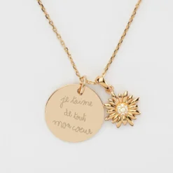 Online HappyBulle Pendentif personnalisé médaille gravée plaqué or 19 mm et breloque scintillante 13 mm Marguerite
