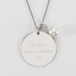 Clearance HappyBulle Pendentif personnalisé médaille gravée argent 27 mm et breloque perle nacre 10 mm Argent rhodié 925
