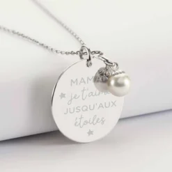 Clearance HappyBulle Pendentif personnalisé médaille gravée argent 27 mm et breloque perle nacre 10 mm Argent rhodié 925
