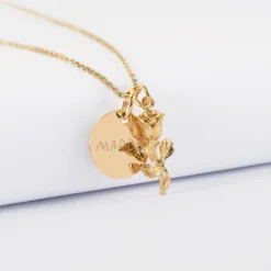 Sale HappyBulle Pendentif personnalisé médaille gravée plaqué or 15 mm et breloque rose 19 mm