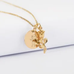 Sale HappyBulle Pendentif personnalisé médaille gravée plaqué or 15 mm et breloque rose 19 mm