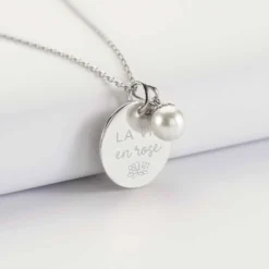 Online HappyBulle Pendentif personnalisé médaille gravée argent 19 mm et breloque perle nacre 10 mm Argent rhodié 925