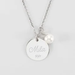 Online HappyBulle Pendentif personnalisé médaille gravée argent 19 mm et breloque perle nacre 10 mm Argent rhodié 925