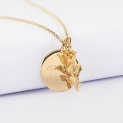 Sale HappyBulle Pendentif personnalisé médaille gravée plaqué or 19 mm et breloque rose 19 mm