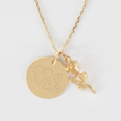 Sale HappyBulle Pendentif personnalisé médaille gravée plaqué or 19 mm et breloque rose 19 mm