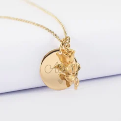 Sale HappyBulle Pendentif personnalisé médaille gravée plaqué or 19 mm et breloque rose 19 mm