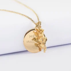 Sale HappyBulle Pendentif personnalisé médaille gravée plaqué or 19 mm et breloque rose 19 mm