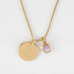 Clearance HappyBulle Pendentif personnalisé médaille gravée plaqué or 15 mm et breloque rectangle zircon plaqué or 9 mm