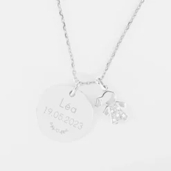 Best HappyBulle Pendentif personnalisé médaille gravée argent 19 mm et breloque petite fille scintillante 12 mm