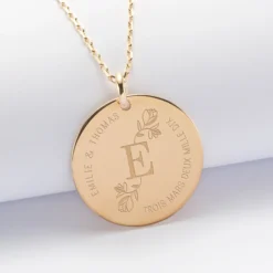 Discount HappyBulle Pendentif personnalisé médaille gravée plaqué or 27 mm - édition spéciale "Initiale Florale" Plaqué or 18k