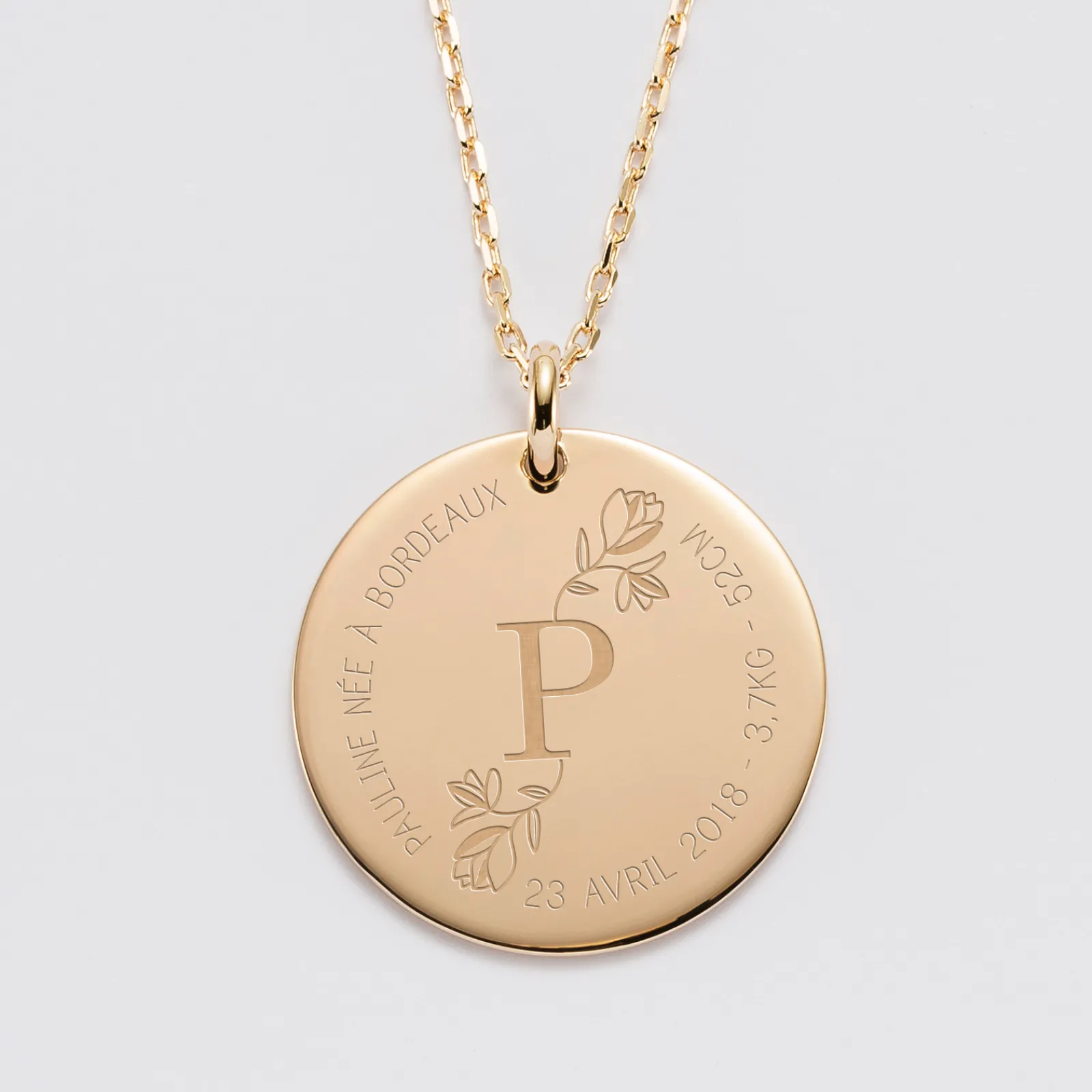 Discount HappyBulle Pendentif personnalisé médaille gravée plaqué or 27 mm - édition spéciale "Initiale Florale" Plaqué or 18k