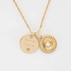 Best HappyBulle Pendentif personnalisé médaille gravée plaqué or 15 mm et breloque scintillant 14 mm Tournesol
