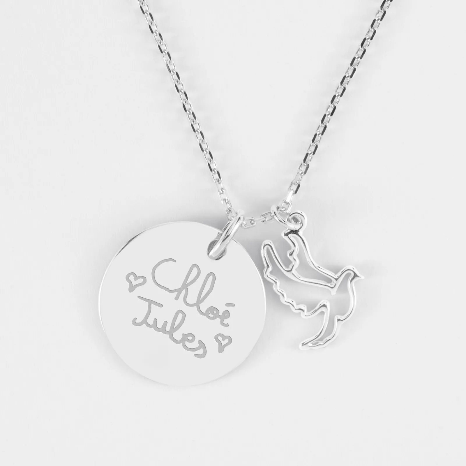 Discount HappyBulle Pendentif personnalisé médaille gravée argent 19 mm et breloque colombe 18 mm Argent rhodié 925