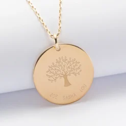 New HappyBulle Pendentif personnalisé médaille gravée plaqué or 27 mm " - Edition spéciale Arbre de Vie Plaqué or 18k