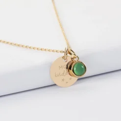 Sale HappyBulle Pendentif personnalisé médaille gravée plaqué or 15 mm et breloque pierre naturelle 8 mm Plaqué or 18k