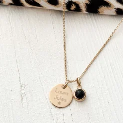 Sale HappyBulle Pendentif personnalisé médaille gravée plaqué or 15 mm et breloque pierre naturelle 8 mm Plaqué or 18k