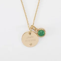Sale HappyBulle Pendentif personnalisé médaille gravée plaqué or 15 mm et breloque pierre naturelle 8 mm Plaqué or 18k