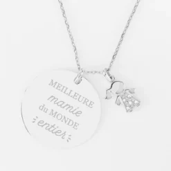 Outlet HappyBulle Pendentif personnalisé médaille gravée argent 27 mm et breloque petite fille scintillante 12 mm Argent rhodié 925
