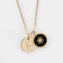 New HappyBulle Pendentif personnalisé médaille gravée plaqué or 15 mm et breloque soleil 14 mm Email noir