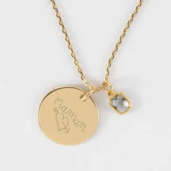 New HappyBulle Pendentif personnalisé médaille gravée plaqué or 19 mm et breloque rectangle zircon plaqué or 9 mm