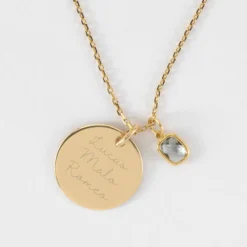 New HappyBulle Pendentif personnalisé médaille gravée plaqué or 19 mm et breloque rectangle zircon plaqué or 9 mm