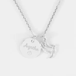 Sale HappyBulle Pendentif personnalisé médaille gravée argent 15 mm et breloque colombe 18 mm Argent rhodié 925