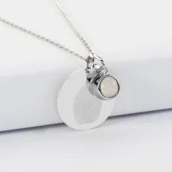 New HappyBulle Pendentif personnalisé médaille gravée argent 19 mm et breloque pierre naturelle 8 mm Argent rhodié 925