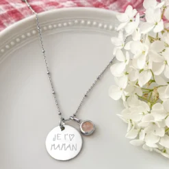New HappyBulle Pendentif personnalisé médaille gravée argent 19 mm et breloque pierre naturelle 8 mm Argent rhodié 925