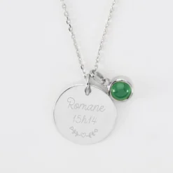 New HappyBulle Pendentif personnalisé médaille gravée argent 19 mm et breloque pierre naturelle 8 mm Argent rhodié 925