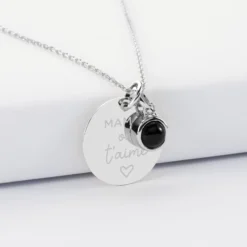 New HappyBulle Pendentif personnalisé médaille gravée argent 19 mm et breloque pierre naturelle 8 mm Argent rhodié 925