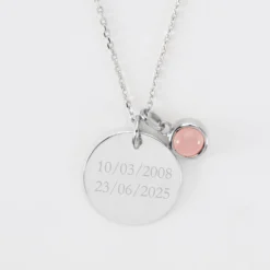 New HappyBulle Pendentif personnalisé médaille gravée argent 19 mm et breloque pierre naturelle 8 mm Argent rhodié 925