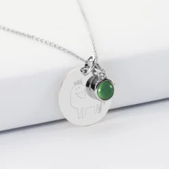 New HappyBulle Pendentif personnalisé médaille gravée argent 19 mm et breloque pierre naturelle 8 mm Argent rhodié 925