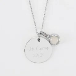 New HappyBulle Pendentif personnalisé médaille gravée argent 19 mm et breloque pierre naturelle 8 mm Argent rhodié 925