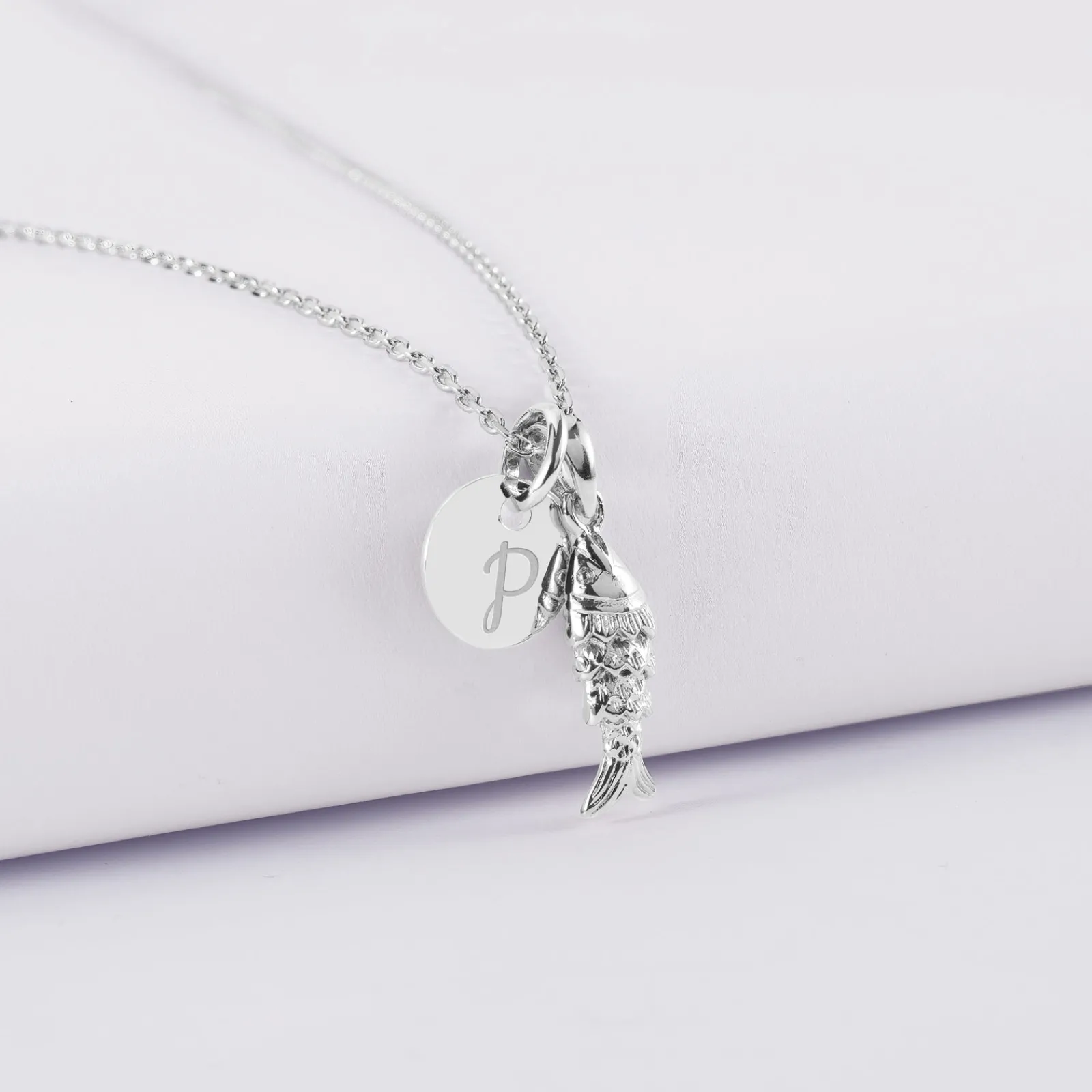 Clearance HappyBulle Pendentif personnalisé médaille gravée argent 10 mm et breloque poisson articulé 15 mm Argent rhodié 925