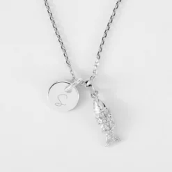 Clearance HappyBulle Pendentif personnalisé médaille gravée argent 10 mm et breloque poisson articulé 15 mm Argent rhodié 925