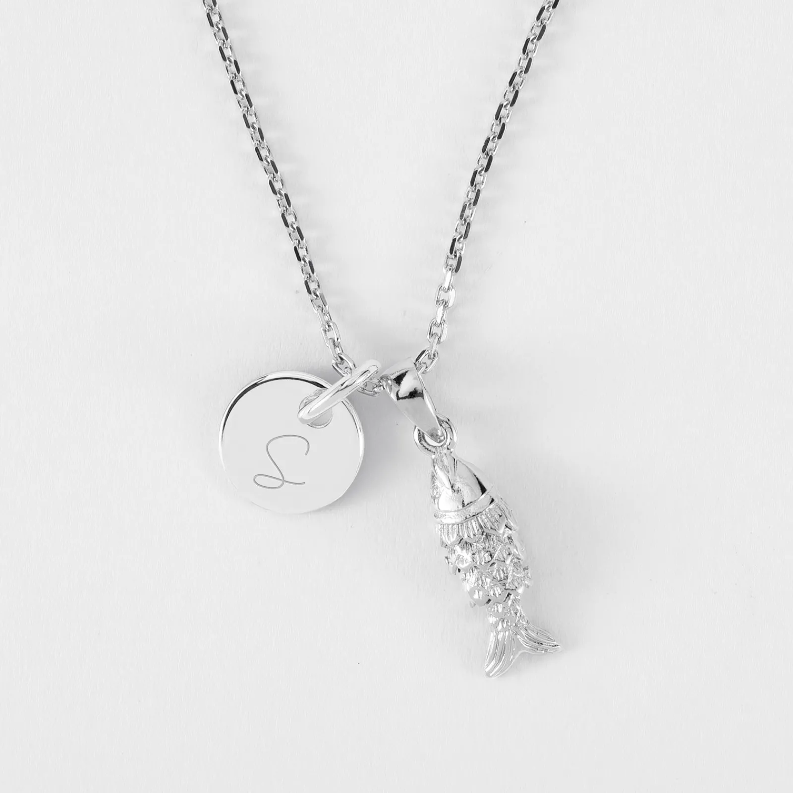 Clearance HappyBulle Pendentif personnalisé médaille gravée argent 10 mm et breloque poisson articulé 15 mm Argent rhodié 925