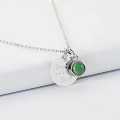 Best HappyBulle Pendentif personnalisé médaille gravée argent 15 mm et breloque pierre naturelle 8 mm Argent rhodié 925