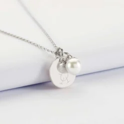 Best HappyBulle Pendentif personnalisé médaille gravée argent 15 mm et breloque perle nacre 10 mm Argent rhodié 925