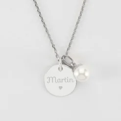 Best HappyBulle Pendentif personnalisé médaille gravée argent 15 mm et breloque perle nacre 10 mm Argent rhodié 925