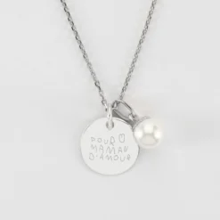 Best HappyBulle Pendentif personnalisé médaille gravée argent 15 mm et breloque perle nacre 10 mm Argent rhodié 925